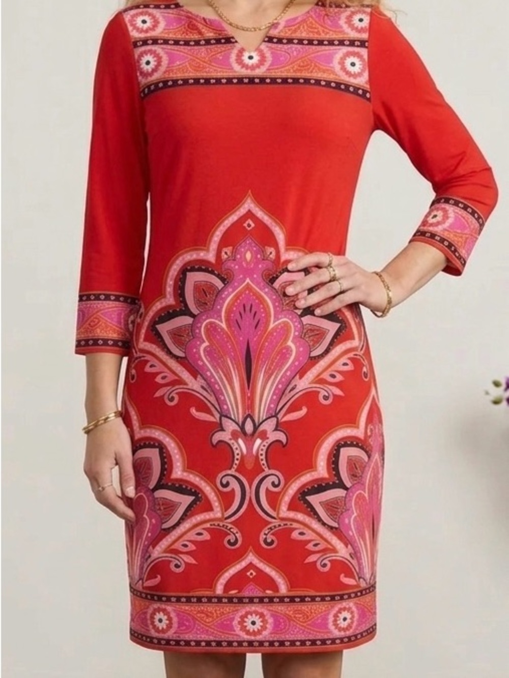 London Times Red and Pink colorful Floral-Print Dress